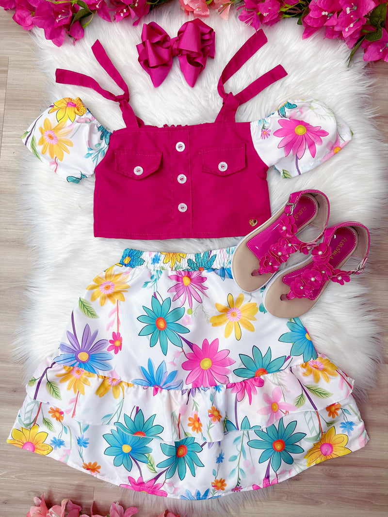 Conjunto Blusa Pink e Saia Florida Margaridas