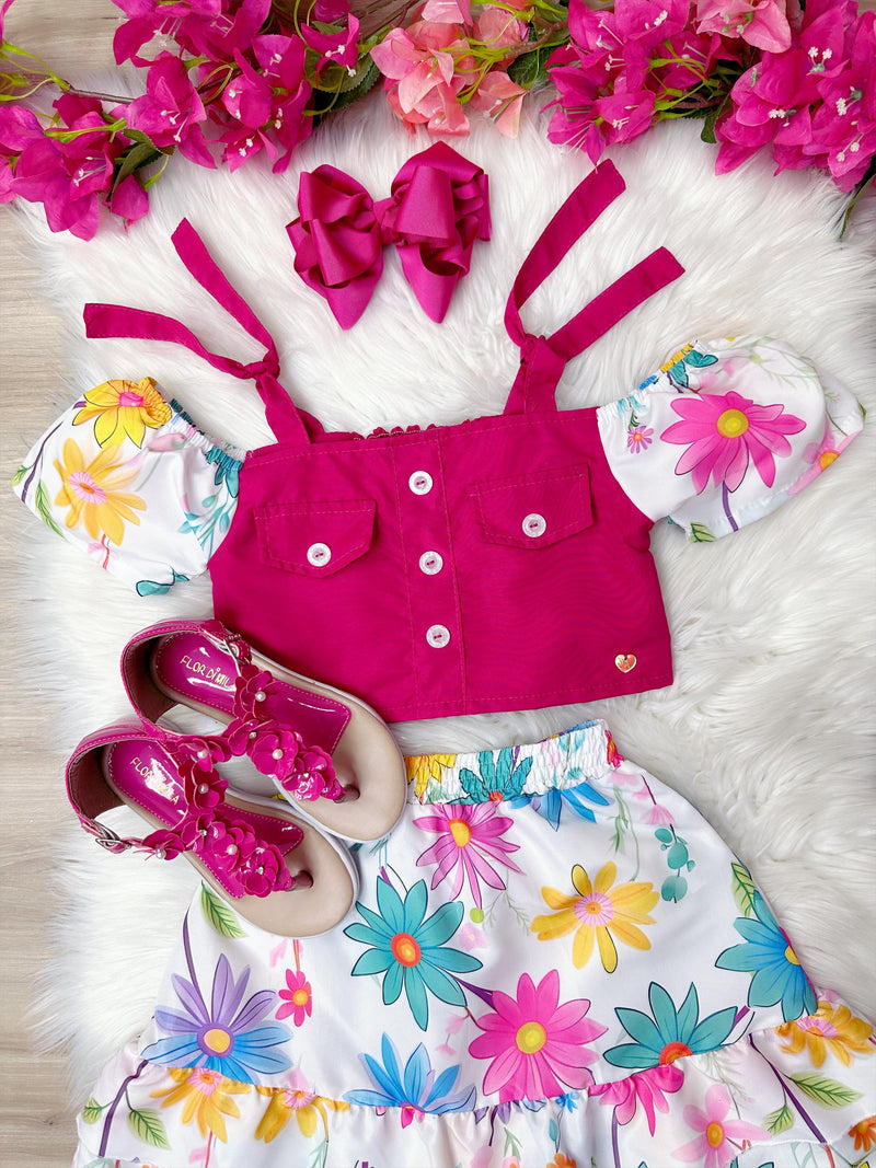 Conjunto Blusa Pink e Saia Florida Margaridas