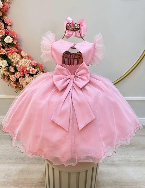 Vestido Infantil Rosa Com Cinto de Pérolas