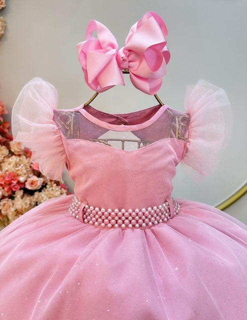 Vestido Infantil Rosa Com Cinto de Pérolas