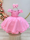 Vestido Infantil Rosa Com Apliques de Flores e Renda