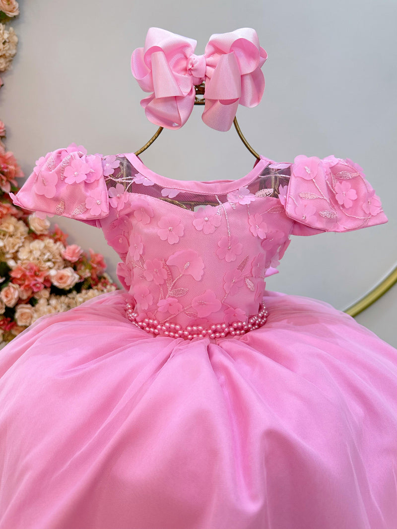 Vestido Infantil Rosa Com Apliques de Flores e Renda