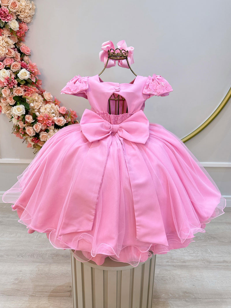 Vestido Infantil Rosa Com Apliques de Flores e Renda